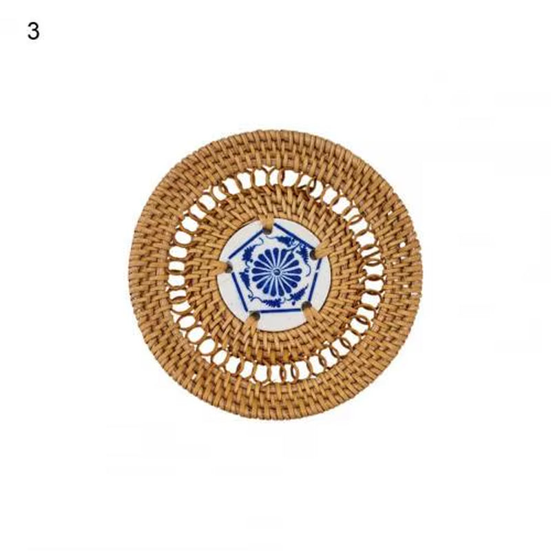 Woven Drink Coaster Heat Rattan Cup Holder Blue/White Porcelain Pad Natural Straw Insulation Pot Holder Mat Table Placemat