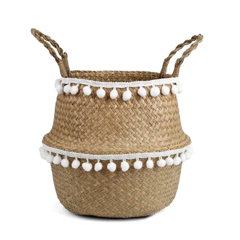Handmade Bamboo Storage Baskets Foldable Laundry Straw Patchwork Wicker Rattan Seagrass Belly Garden Flower Pot Planter Basket