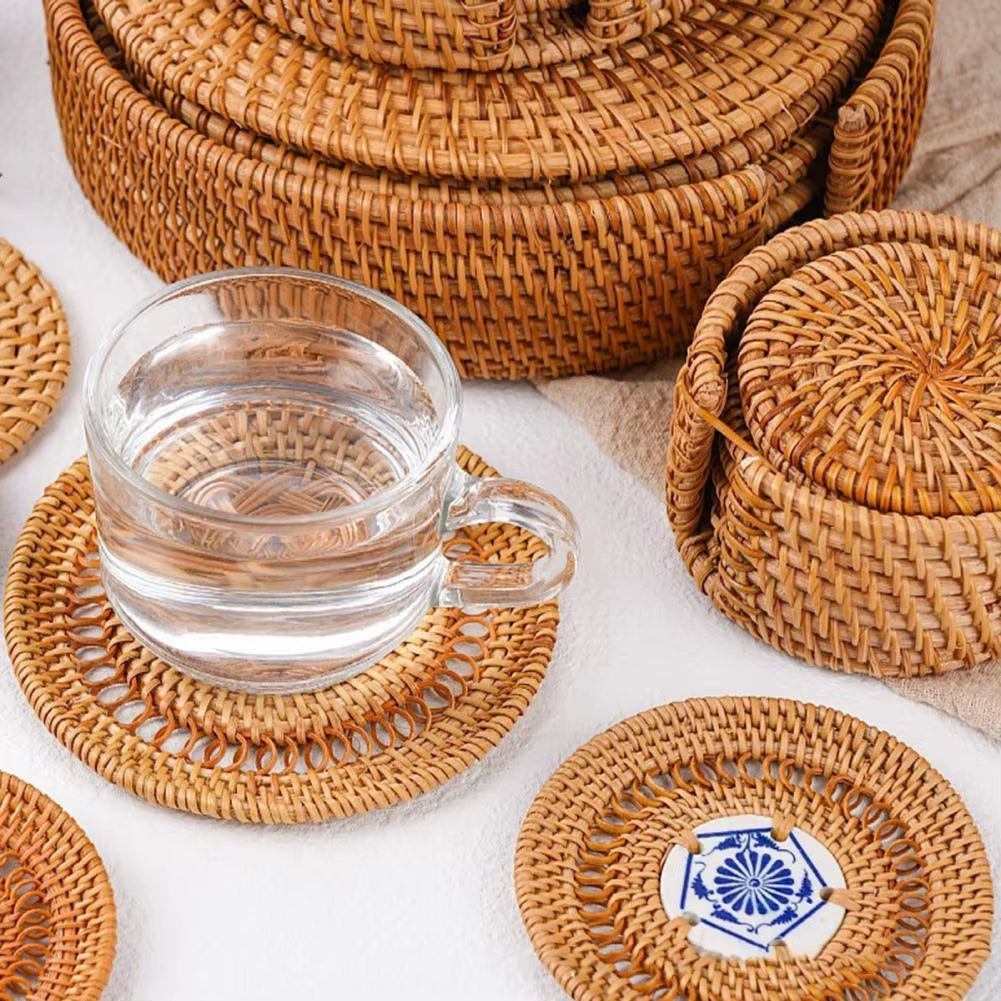 Woven Drink Coaster Heat Rattan Cup Holder Blue/White Porcelain Pad Natural Straw Insulation Pot Holder Mat Table Placemat