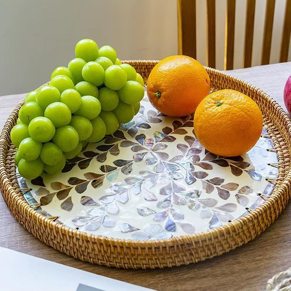 Decorative round Rattan Serving Tray with Mother of Pearl Inlay, Hand Woven Mosaic Tray for Snacks Fruit Cake Coffee Table Decor