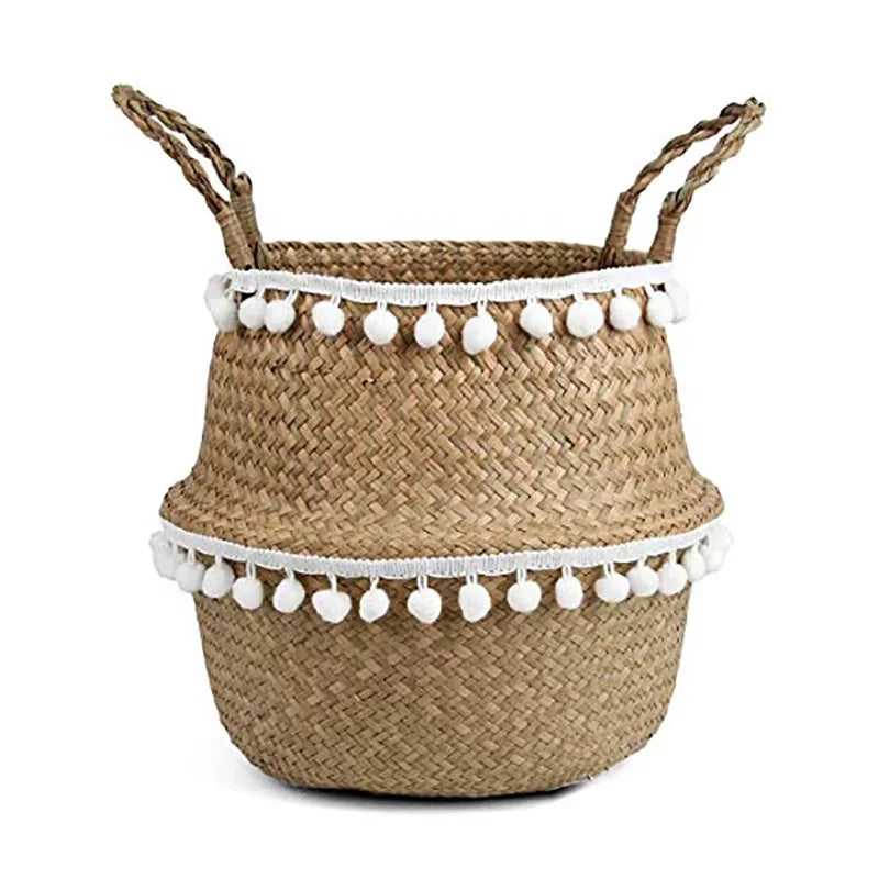 Handmade Bamboo Storage Baskets Foldable Laundry Straw Patchwork Wicker Rattan Seagrass Belly Garden Flower Pot Planter Basket