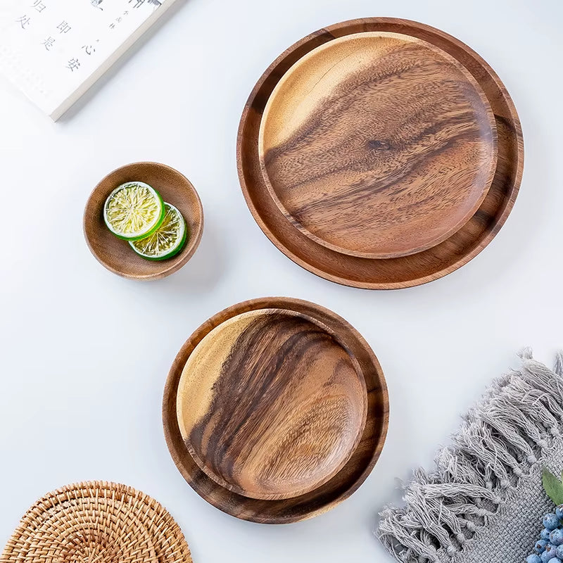 Wooden Dinner Plates Household round Coffee Tray Solid Wood Tea Saucer Ins Japanese Style Dim Sum for Food Snack Dishs
