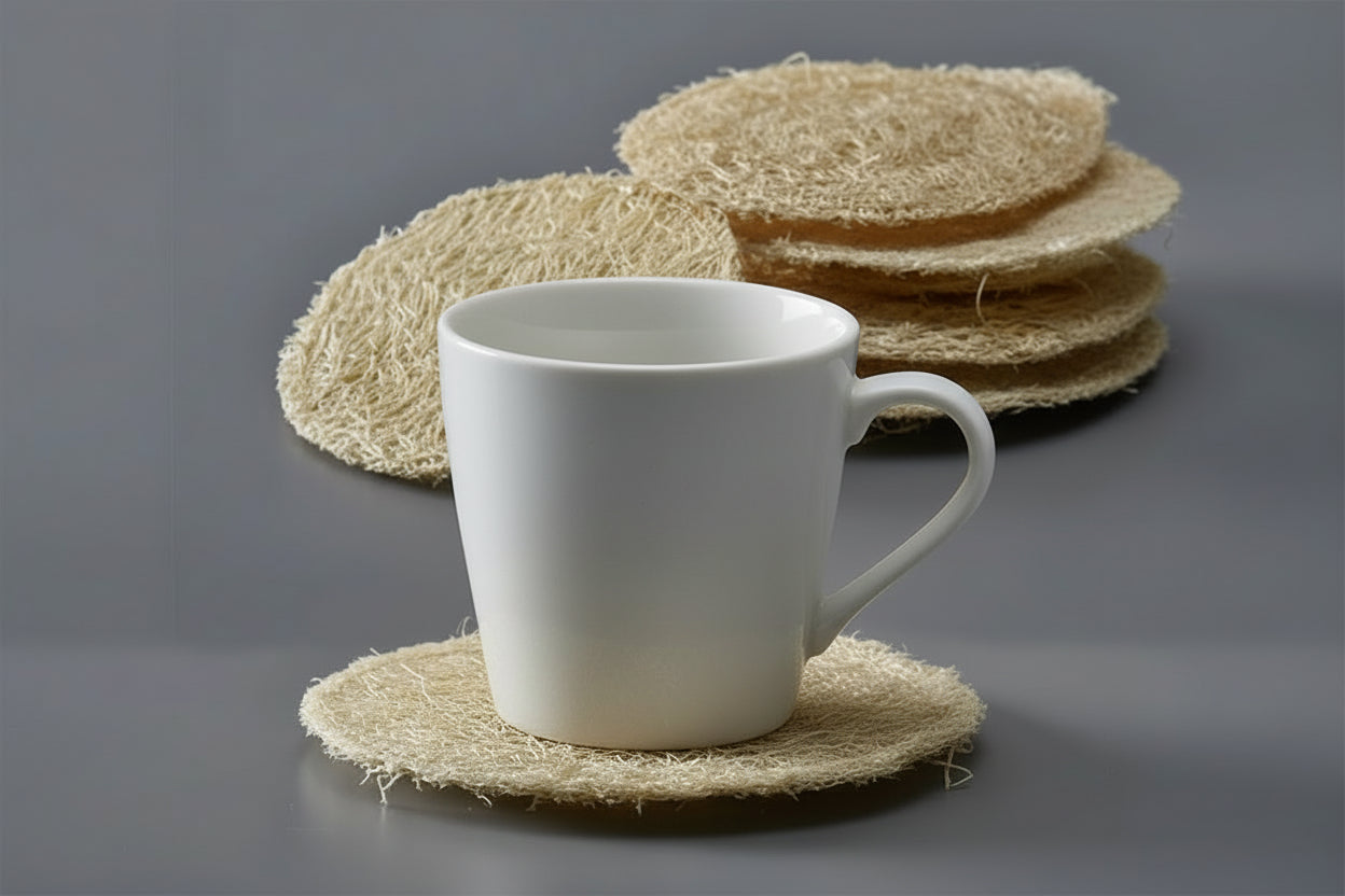 Tea Coaster round Eco-Friendly Natural Loofah Fiber Absorbent Non-Slip Heat Insulation Mat for Kung Fu Tea Table Set 3 Pack/8Cm
