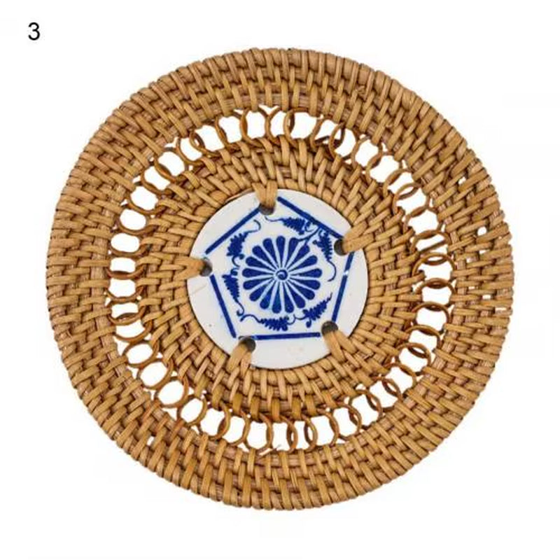 Woven Drink Coaster Heat Rattan Cup Holder Blue/White Porcelain Pad Natural Straw Insulation Pot Holder Mat Table Placemat