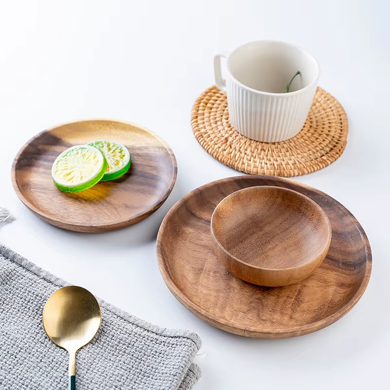 Wooden Dinner Plates Household round Coffee Tray Solid Wood Tea Saucer Ins Japanese Style Dim Sum for Food Snack Dishs