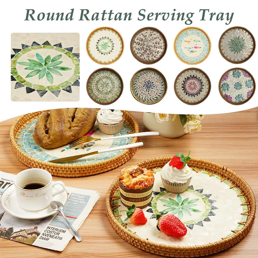Decorative round Rattan Serving Tray with Mother of Pearl Inlay, Hand Woven Mosaic Tray for Snacks Fruit Cake Coffee Table Decor