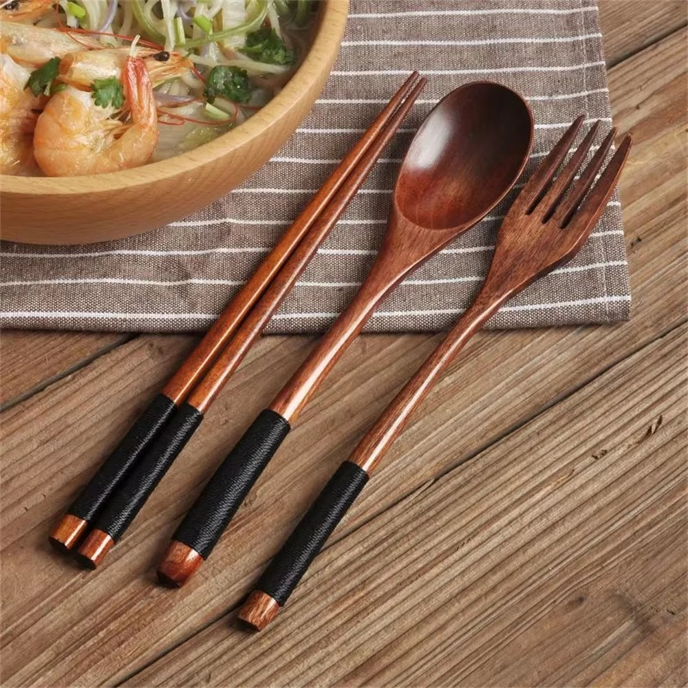 3 Piece Set Stainless Steel Cutlery Wooden Tableware Coffees and Teas Tableware Forks Spoon Korean Plates Dinner Sets Chopsticks