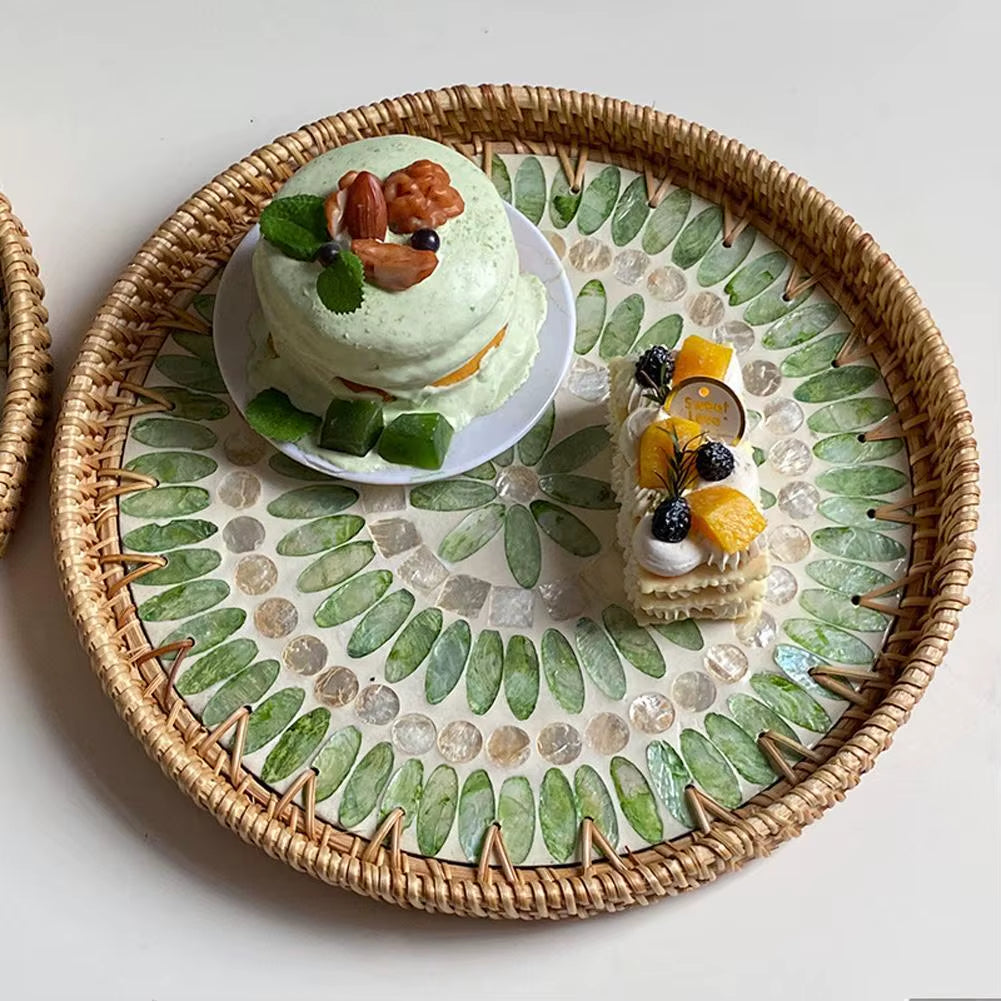 Decorative round Rattan Serving Tray with Mother of Pearl Inlay, Hand Woven Mosaic Tray for Snacks Fruit Cake Coffee Table Decor