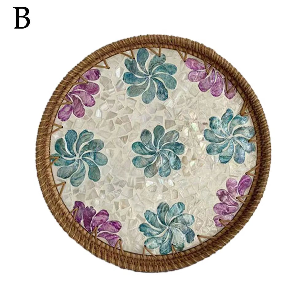 Decorative round Rattan Serving Tray with Mother of Pearl Inlay, Hand Woven Mosaic Tray for Snacks Fruit Cake Coffee Table Decor