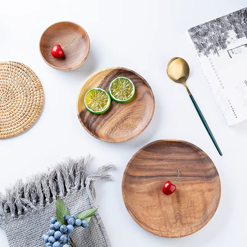 Wooden Dinner Plates Household round Coffee Tray Solid Wood Tea Saucer Ins Japanese Style Dim Sum for Food Snack Dishs