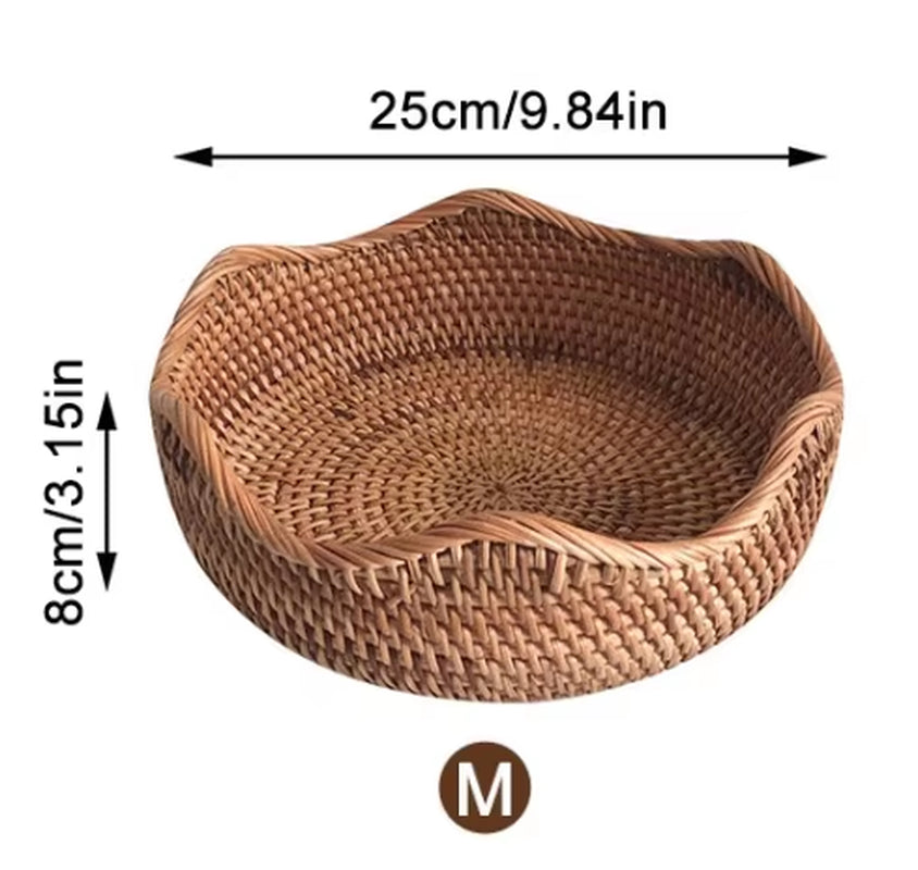 Hand-Woven Storage Basket Rattan Storage Tray Wicker Basket Bread Fruit Food Breakfast Picnic Basket Kitchen Storage Basket