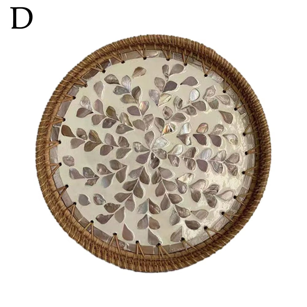 Decorative round Rattan Serving Tray with Mother of Pearl Inlay, Hand Woven Mosaic Tray for Snacks Fruit Cake Coffee Table Decor